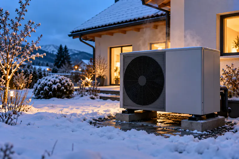 Luft-Wasser-Wärmepumpe läuft im Winter bei Schnee neben einem Wohnhaus