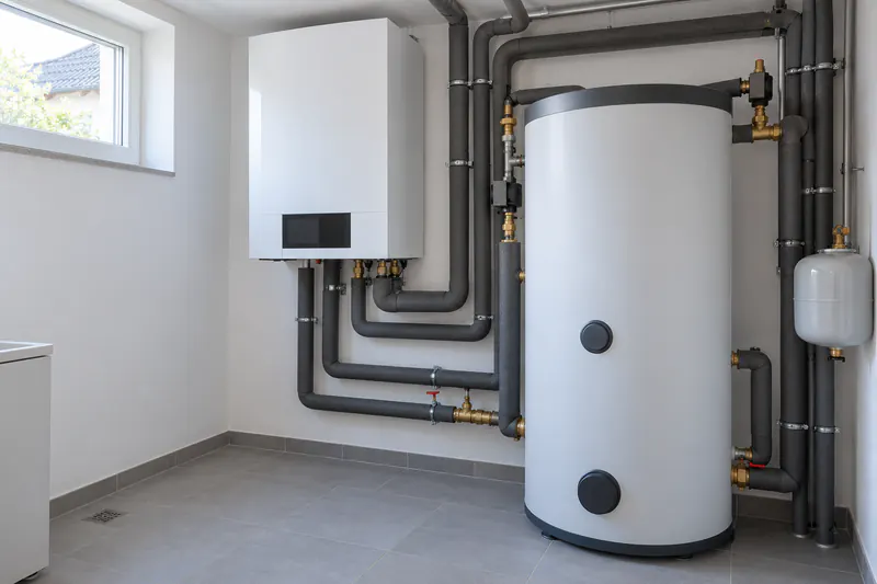 Inneneinheit und Speicher einer Luft-Wasser-Wärmepumpe im Technikraum eines Einfamilienhauses